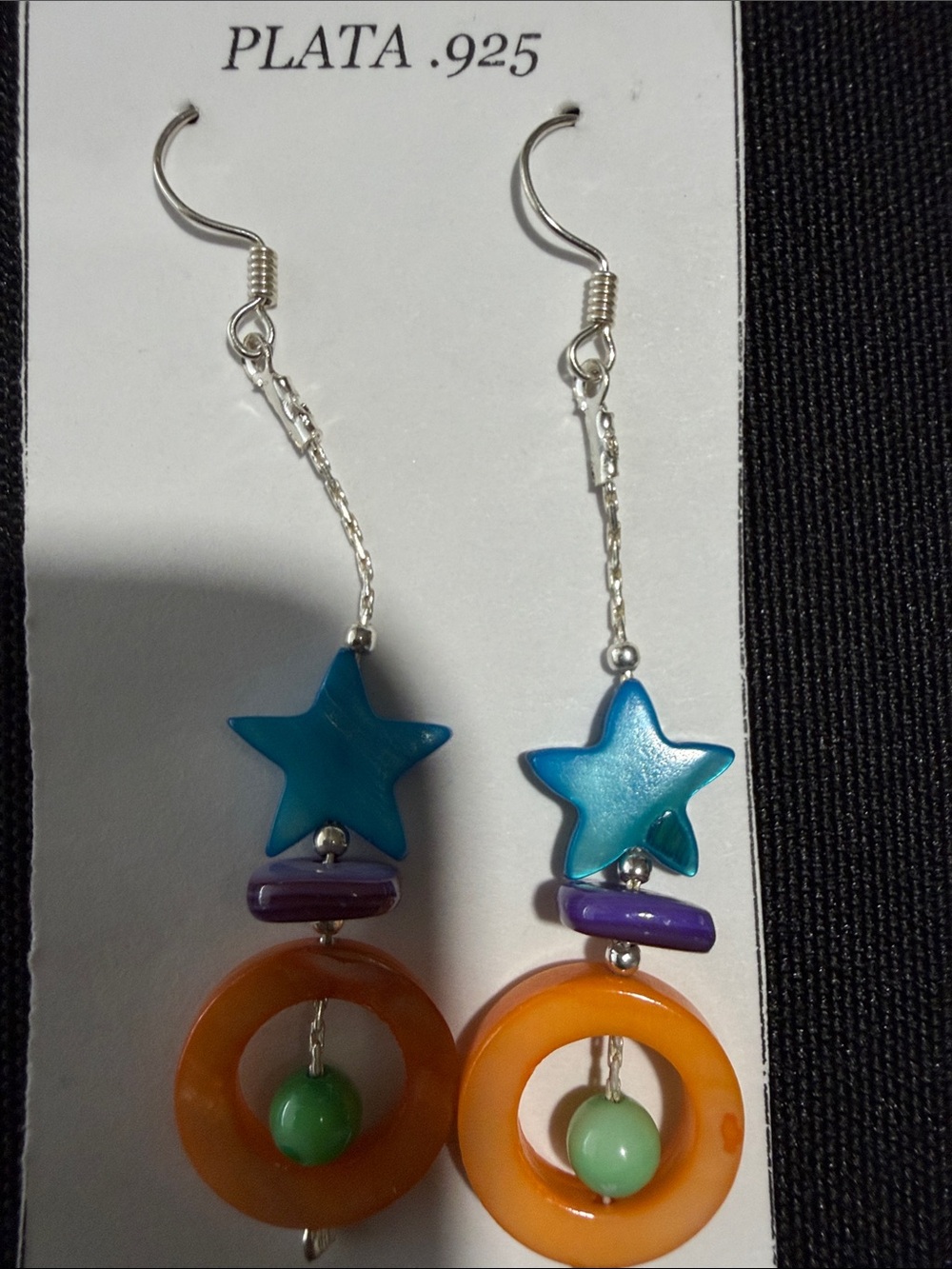 Sterling Silver Colorful Star & Ring Drop Earrings - Teal, Orange, Purple, Green